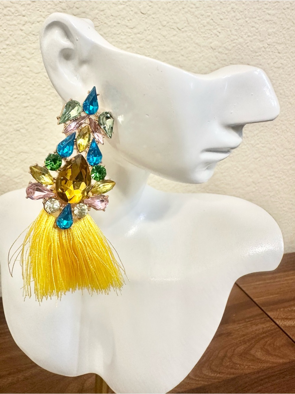 Yellow Tassel Earrings with Multicolor Crystal Accents